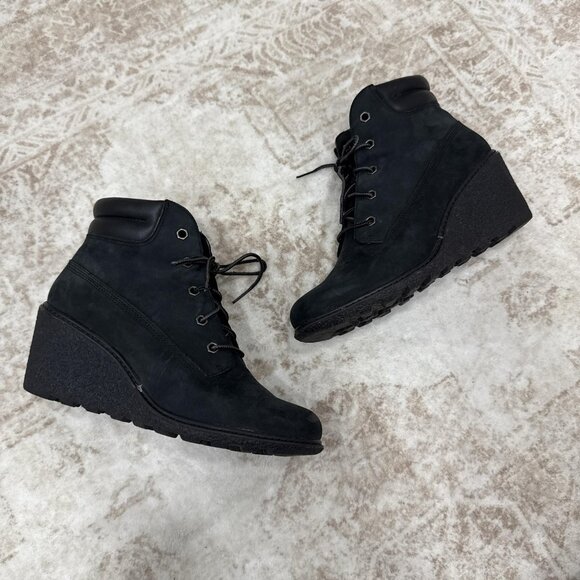 Timberland Earthkeepers Wedge Boots Womens Size 8 Black Leather Amston 8253A - Picture 1 of 13